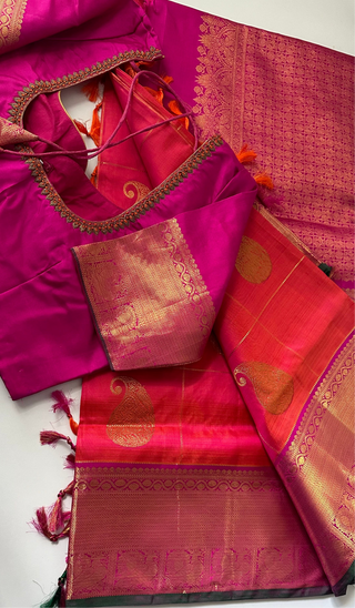 Orange pure kanchi BRIDAL checks  kanchi pattu saree online usa