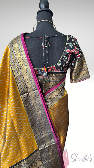 Mustard Black Pure Ikat Silk Saree Pure Silver Zari  HandloomWeave with Zari Border Ready to Wear Stitched blouses available Online USA Partywear