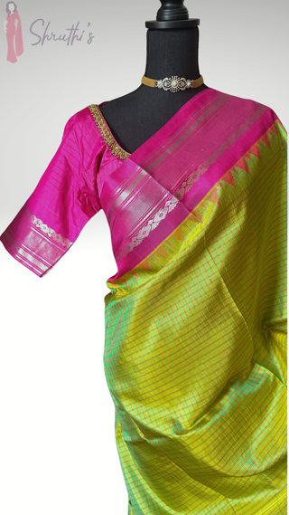 Pure Handloom silk Green to pink  butta Gadwal silk saree with stitched blouse embroidered blouse