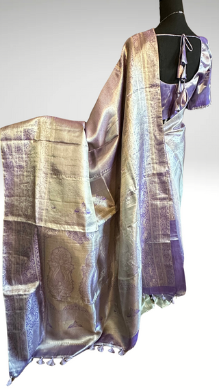 Pastel Lavender vaira oosi silver zari KANJIVARAM SAREE with Hand embroidered blouse