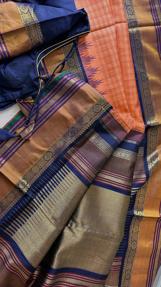 Vintage revival Traditional checks gopuram design temple old world vintage kanchi pattu saree Orange handwoven Kai korvai stitched blouses