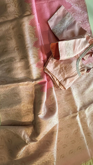 Brocade kanjivaram pink gold zari with stitched blouse.