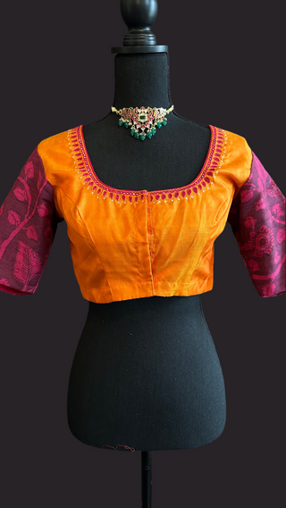 Orange pure silk kalamkari Hand embroidered silk blouse readymade usa online