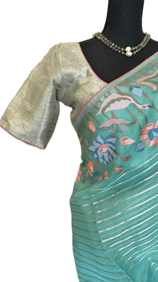 Pastel  Turquoise Organza Silk silver zari Saree with Silver Floral Embroidery – Lightweight Party Wear Saree Online USA, Ready to Wear with beneras brocade silk  Blouse Diwali festive bridesmaids Indian wedding