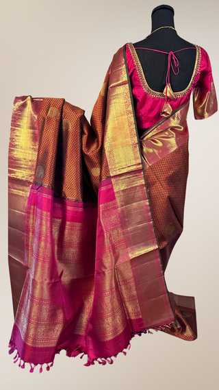 Pure Kanjivaram Handloom Brocade Light Amber silk saree pure zari  Muhurtam Wedding Saree with ready to wear ship Blouse Online USA