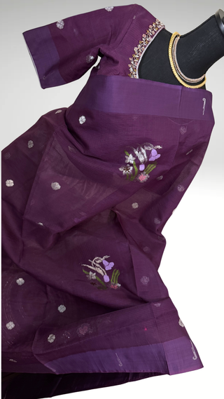 Handloom zari Kota saree silver zari with embroidered stitched blouse