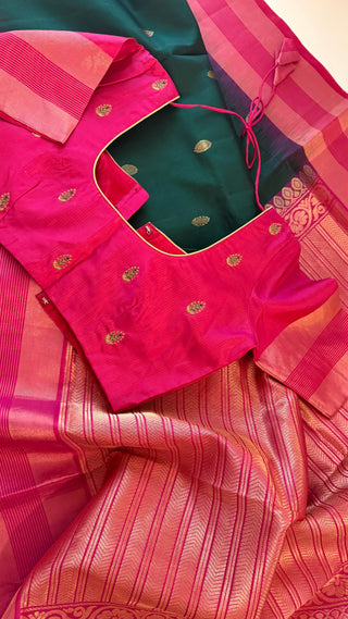Pure Soft Silk Saree Bottle green with pink  silk saree with embroidered  Stitched Blouse Indian handloom wedding pattu Saree Online USA Ready to Ship Saree Online USA Easy Drape