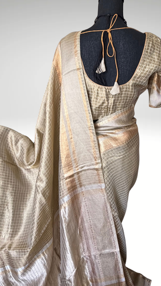Pure Tissue Beneras Beige Gold checks handwoven pure silk saree stitched blouse saree readymade online USA