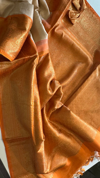 Ven pattu Orange saree White Cream and purple pure zari kanjivaram silk saree with prestitched blouse embroidered blouse
