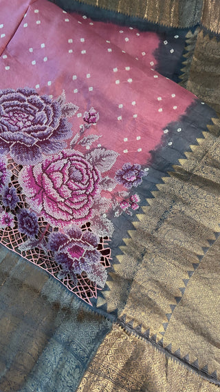 Pure Bandhej Kanjivaram pastel pink Embroidered Silk Saree pure silk saree silk finish with stitched blouse Partywear pooja wear ready to ship Saree USA