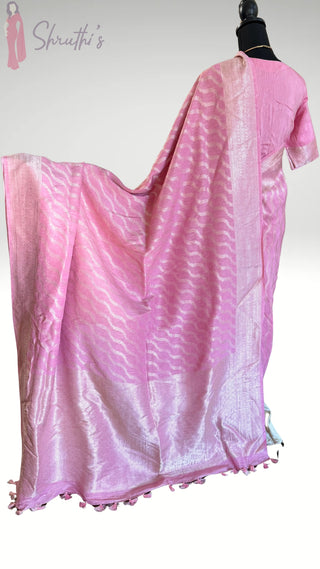 Pastel Pink Pure Handloom beneras weave in linen pure silver zari pastel pink saree embroidered linen saree online usa
