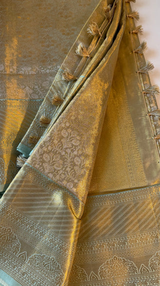 Kalyana pattu wedding Handloom Green Kanjivaram Gold Tissue  Brocade Pure silk pattumuhurtam saree  Kanjivaram silk saree with prestitched blouse.