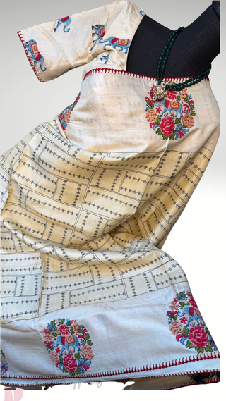 Handwoven white Tussar Embroidery borders and pallu Partywear elegant beauty  one of kind Onam  tussar silk saree  online and prestitched blouse