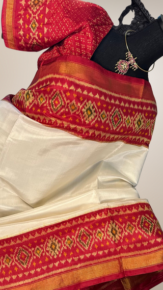 Patola Silk Saree White Red pure silk saree silk finish with stitched blouse Partywear pooja wear ready to ship Saree USA