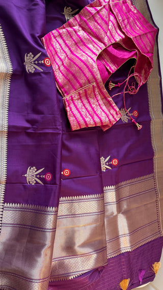Benerasi Purple raw mango style Handloom silk saree Katan silk saree online shopping with prestitched blouse