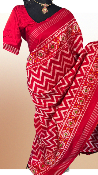 Red ikat Silk Saree pure silk saree silk finish with stitched blouse Partywear pooja wear ready to ship Saree USA