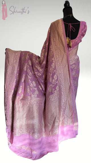 Pure Georgette Lavender Beneras Pastel weave paired  with pure Sleeveless Zari Kota  silk blouse saree benerasi silver zari silk border pallu bridesmaids saree easy drape elegant one of kind