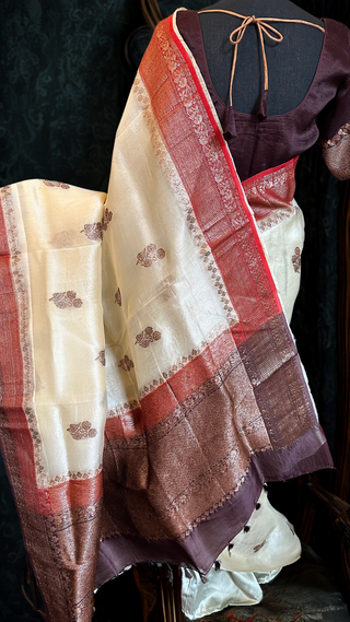 Indian saree Organza Beneras Beige cream silk saree partywear with blouse weave gold borders with stitched blouse