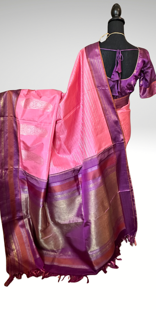 Pastel Pink Pure zari Hndwoven Brocade kanjivaram silver zari with stitched blouse Indian wedding silk saree