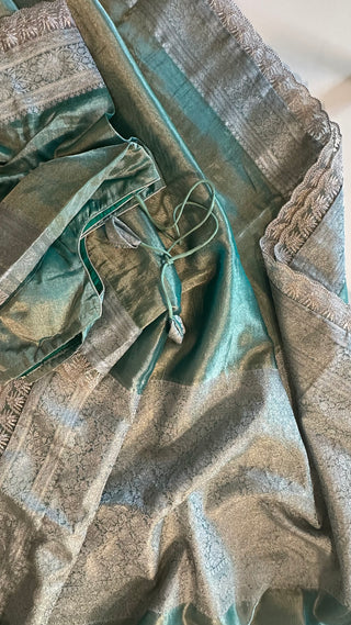 Green Pure Double Tissue katan silver Organza  silk saree with blouse online shopping usa