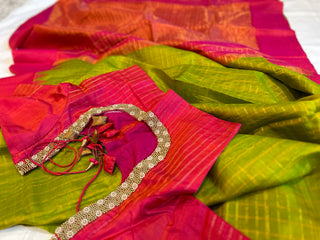 Green Gadwal handwoven silk saree with stitched blouse