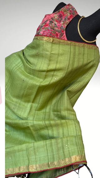 Asparagus Green sleeveless blouse saree Handloom silk Tussar with embroidery sleeveless silk blouses zari borders and fine checks Partywear bridesmaids