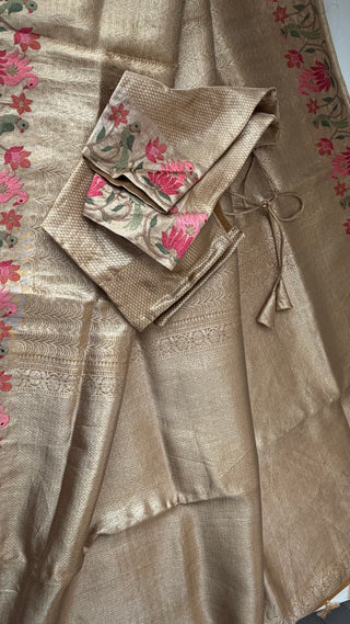 Bridal gold tissue zari silk brocade saree silk pure embroidered silk handwoven