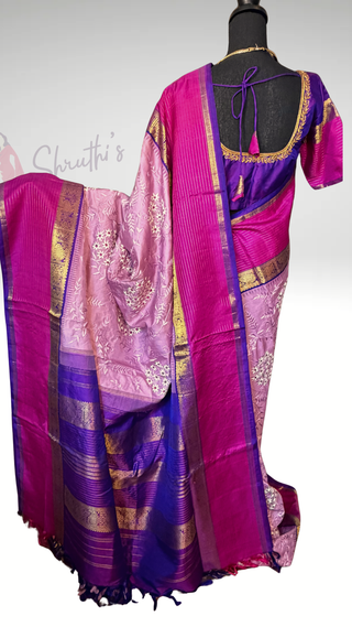 Pure hand embroidered Parsi embroidery  Kanjivaram pastel Embroidered Silk Saree pure silk saree silk finish with stitched blouse Partywear pooja wear ready to ship Saree USA