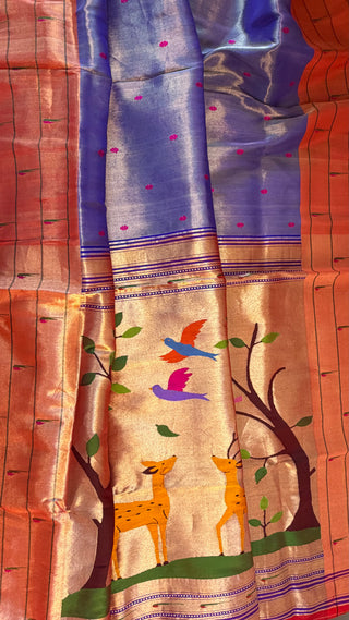 Original Tissue Pure  Paithani silk half over handwoven pastel saree online usa  all over pure zari paithani sarees usa comes with stitched blouse.