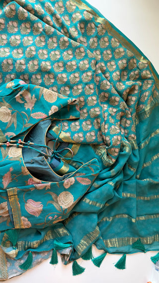 Floral sarees pastel partywear saree  teal Georgette  silk zari borders saree stitched blouse