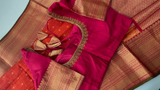Pure Orange  Handwoven kanjivaram silk saree online pure handwoven red kanjivaram silk saree easy drape red saree Indian bride bridal saree