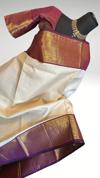Ven pattu saree White Cream and purple pure zari kanjivaram silk saree with prestitched blouse embroidered blouse