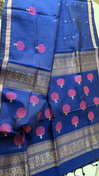 Pure Handloom Soft Silk Saree dark blue silk saree with embroidered  Stitched Blouse Indian handloom wedding pattu Saree Online USA Ready to Ship Saree Online USA Easy Drape