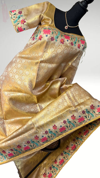 Handloom  Kora Kanjivaram Gold tissue saree  Embroidered borders pallu online shopping with prestitched blouse usa