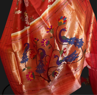 Pure paithani saree Red floral printed woven Paithani silk saree online usa paithani sarees usa comes with stitched blouse.