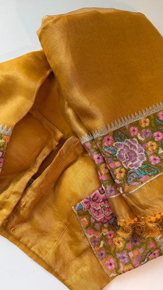 Pure Tissue Beneras yellow handwoven pure silk saree stitched blouse saree readymade online USA