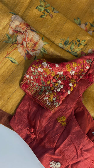 Mustard Gold Tussar pure silk saree embroidered blouse with pure handloom saree Handloom silk Tussar with embroidery silk blouses zari borders and fine checks Partywear bridesmaids