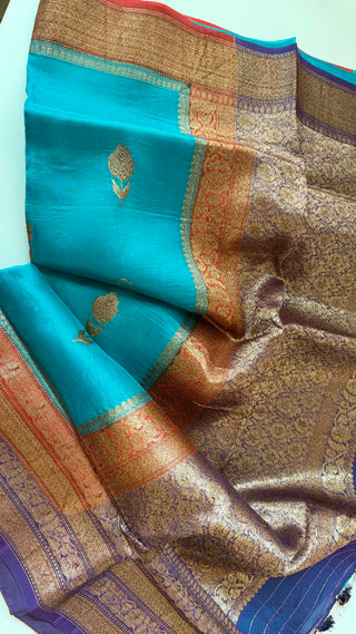 Pure Handloom teal beneras organza saree stitched blouse saree readymade online