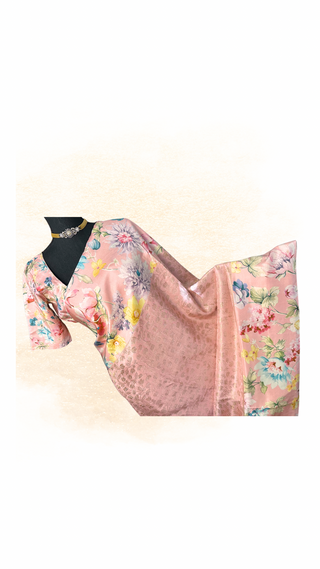 Printed Floral borders Brocade kanjivaram pink gold zari with stitched blouse.
