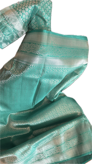Traditional indian wedding saree south silk Brocade turquiose kanchi pattu saree Pure silver zari stitched blouse