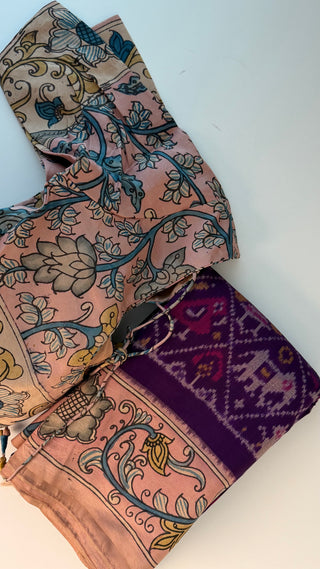 Pure pen purple kalamkari pure Handloom ikat silk pattu saree pen kalamkari saree with blouse online usa Hand painted