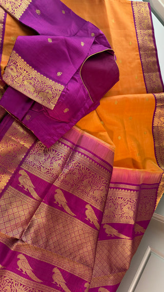 Pure kanjivaram vintage small border Orange purple  Kanchi pattu saree gold silver zari Indian wedding saree pure silk saree with stitched blouse usa online shopping