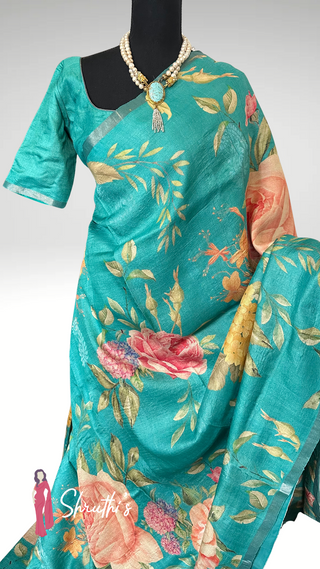 Turquoise Tussar silk saree perfect for parties and weddings
