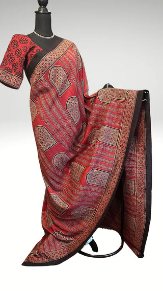 Elegant pure Tussar silk saree in block print design, soft texture, and natural sheen.