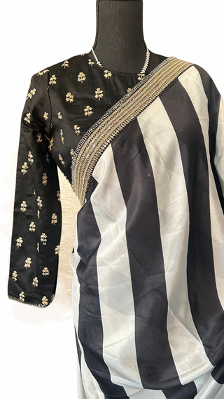 Lightweight black white embroidered silk saree with stitched blouse