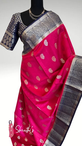 Pure Chinya Silk Saree in Dark Pink to Dark Grey Ombre with Silver Zari Border – Partywear Saree Online USA Ready to ship