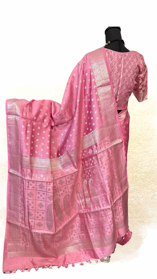 Elegant pink Chinya silk saree featuring soft silk fabric and ready-to-wear blouse.