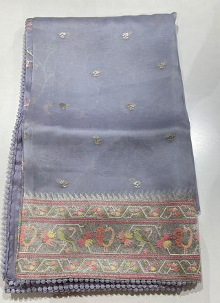 lavender organza silk saree silver border stitched blouse reception outfit
