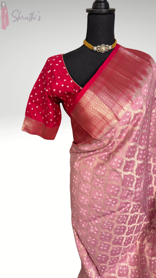 mauve handloom patola silk saree with bandhani design and stitched blouse wedding reception partywear saree