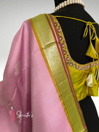 Elegant pastel pink Kanjivaram silk saree paired with embroidered blouse for party wear USA.